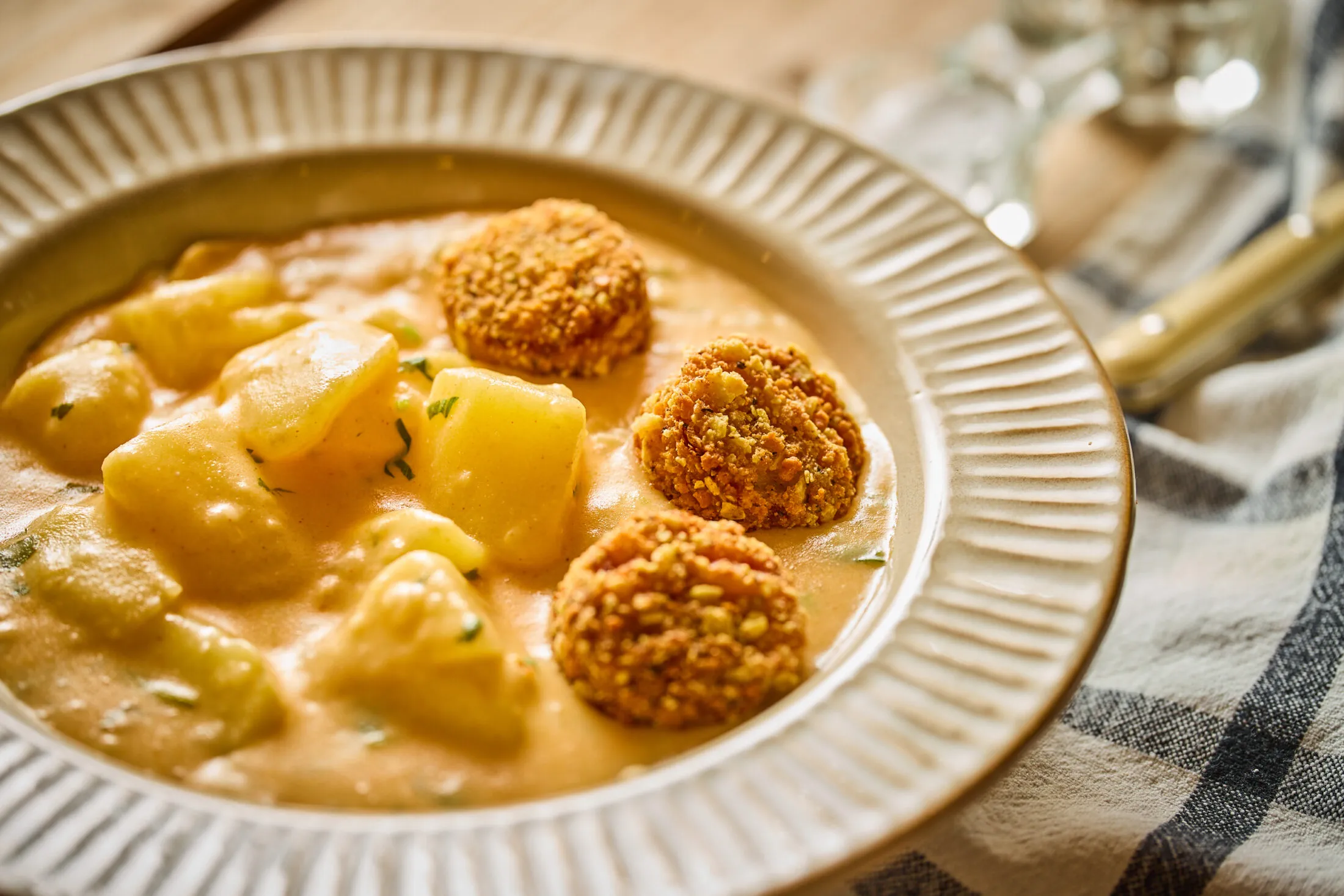 Korianderes krumplifőzelék veggie falatkákkal